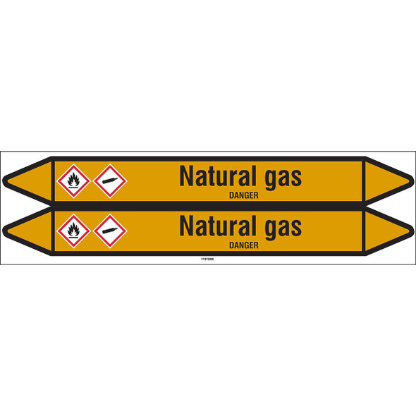 Individual Pipe Markers on a Card with die-cut arrowheads, with pictograms - Gas - Natural gas