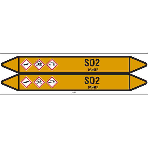 Individual Pipe Markers on a Card with die-cut arrowheads, with pictograms - Gas - SO2