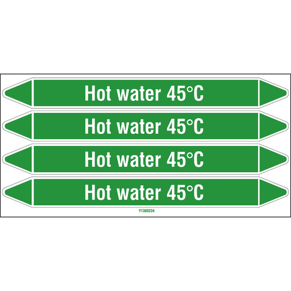 Individual Pipe Markers on a Card with die-cut arrowheads, without pictograms - Water - Hot water 45°C