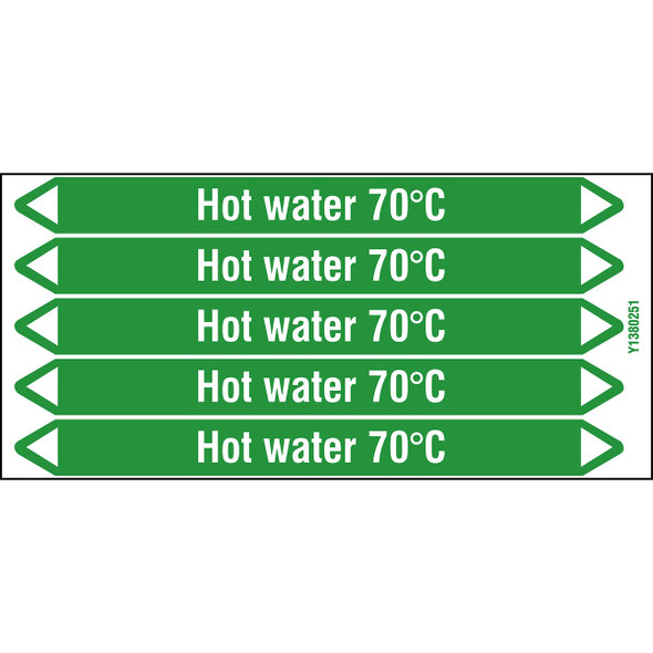 Individual Pipe Markers on a Card with die-cut arrowheads, without pictograms - Water - Hot water 70°C