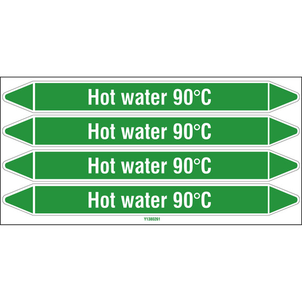 Individual Pipe Markers on a Card with die-cut arrowheads, without pictograms - Water - Hot water 90°C