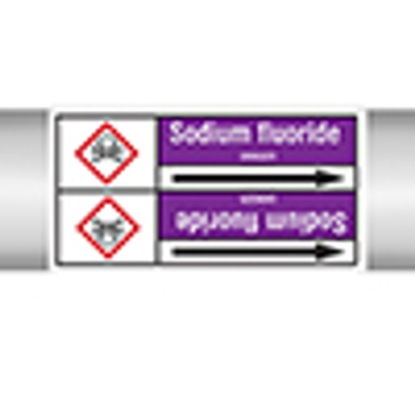 Roll form linerless Pipe Markers, with pictograms - Acids & Alkalis - Sodium fluoride