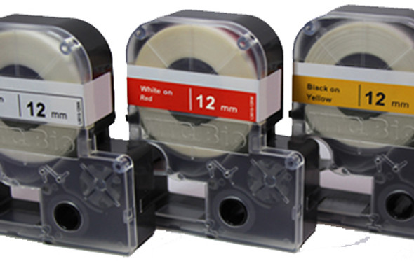 26' Cassette of 12mm lab tape, white w/ black print