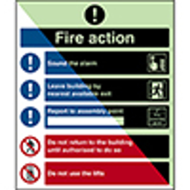 Glow-in-the-dark safety sign - Fire action Sound the alarm Leave building by nearest available exit…