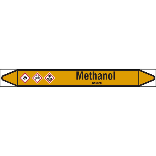 Individual linerless Pipe Markers on a Roll with die-cut arrowheads, with pictograms - Gas - Methanol