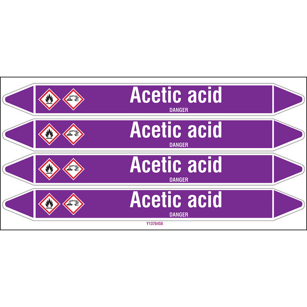 Individual Pipe Markers on a Card with die-cut arrowheads, with pictograms - Acids & Alkalis - Acetic acid