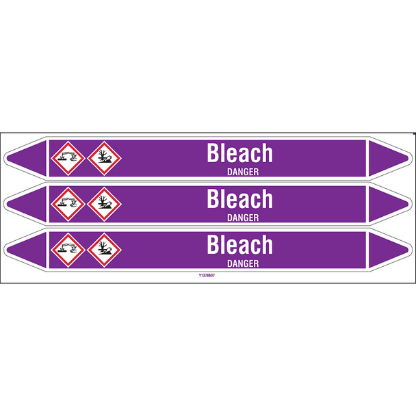 Individual Pipe Markers on a Card with die-cut arrowheads, with pictograms - Acids & Alkalis - Bleach