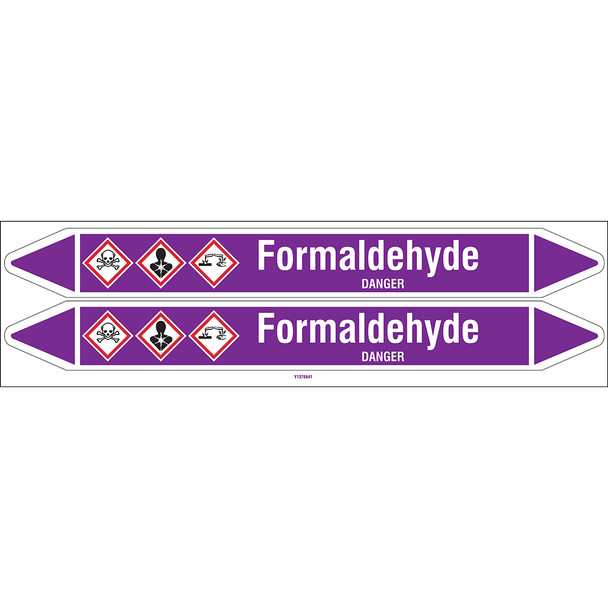 Individual Pipe Markers on a Card with die-cut arrowheads, with pictograms - Acids & Alkalis - Formaldehyde