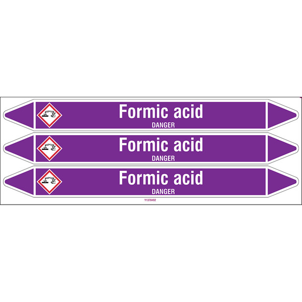 Individual Pipe Markers on a Card with die-cut arrowheads, with pictograms - Acids & Alkalis - Formic acid