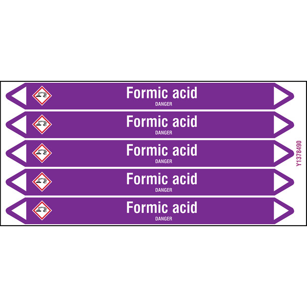 Individual Pipe Markers on a Card with die-cut arrowheads, with pictograms - Acids & Alkalis - Formic acid