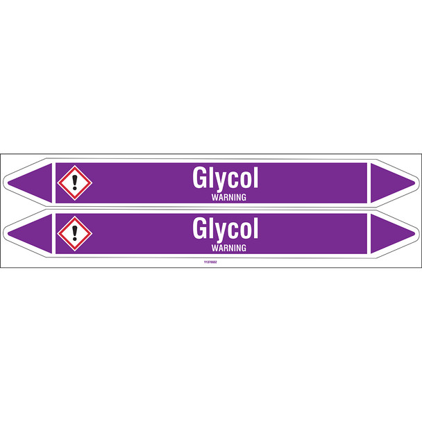 Individual Pipe Markers on a Card with die-cut arrowheads, with pictograms - Acids & Alkalis - Glycol