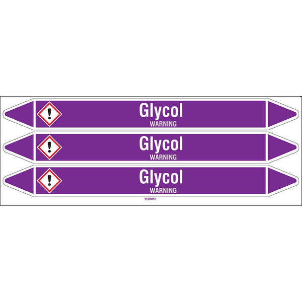 Individual Pipe Markers on a Card with die-cut arrowheads, with pictograms - Acids & Alkalis - Glycol