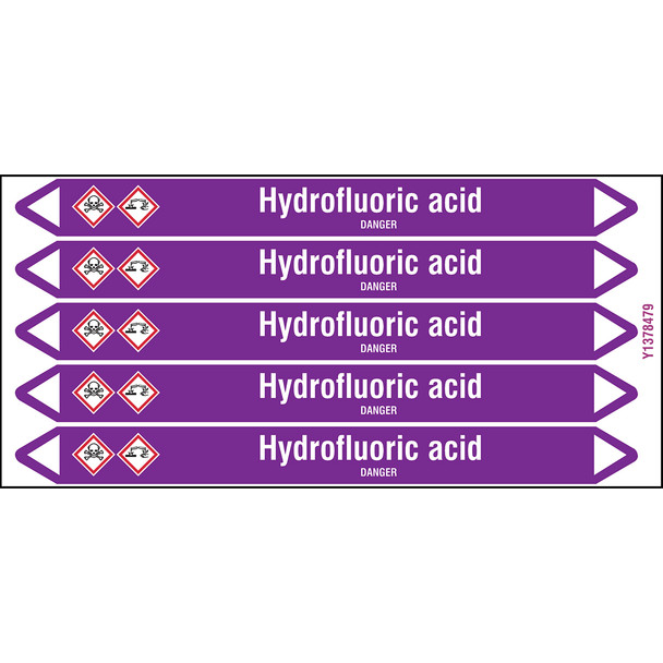 Individual Pipe Markers on a Card with die-cut arrowheads, with pictograms - Acids & Alkalis - Hydrofluoric acid