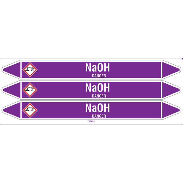 Individual Pipe Markers on a Card with die-cut arrowheads, with pictograms - Acids & Alkalis - NaOH