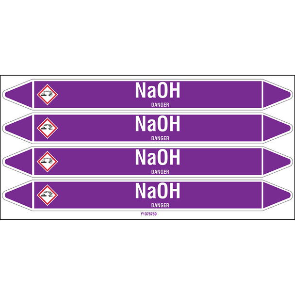 Individual Pipe Markers on a Card with die-cut arrowheads, with pictograms - Acids & Alkalis - NaOH