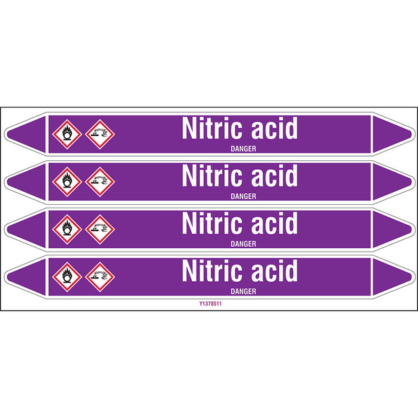 Individual Pipe Markers on a Card with die-cut arrowheads, with pictograms - Acids & Alkalis - Nitric acid