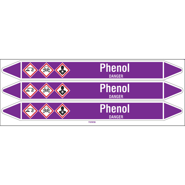 Individual Pipe Markers on a Card with die-cut arrowheads, with pictograms - Acids & Alkalis - Phenol