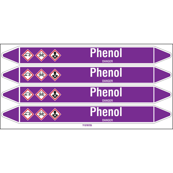 Individual Pipe Markers on a Card with die-cut arrowheads, with pictograms - Acids & Alkalis - Phenol