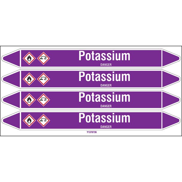 Individual Pipe Markers on a Card with die-cut arrowheads, with pictograms - Acids & Alkalis - Potassium