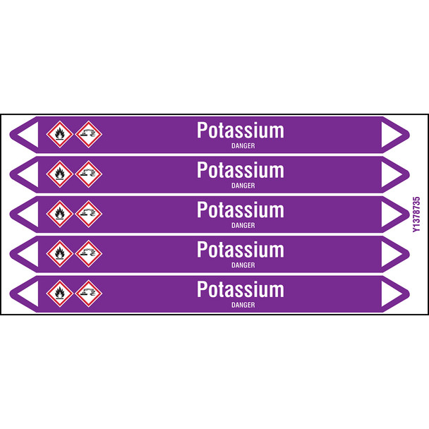 Individual Pipe Markers on a Card with die-cut arrowheads, with pictograms - Acids & Alkalis - Potassium