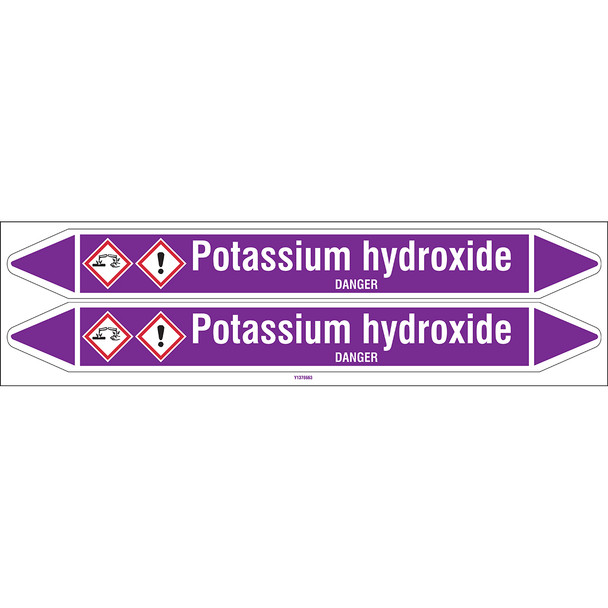 Individual Pipe Markers on a Card with die-cut arrowheads, with pictograms - Acids & Alkalis - Potassium hydroxide