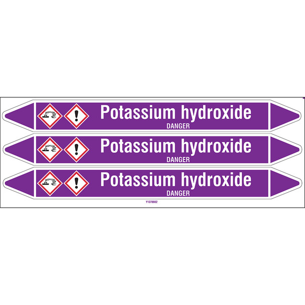 Individual Pipe Markers on a Card with die-cut arrowheads, with pictograms - Acids & Alkalis - Potassium hydroxide