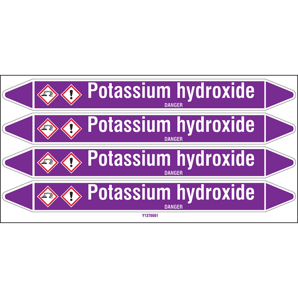 Individual Pipe Markers on a Card with die-cut arrowheads, with pictograms - Acids & Alkalis - Potassium hydroxide