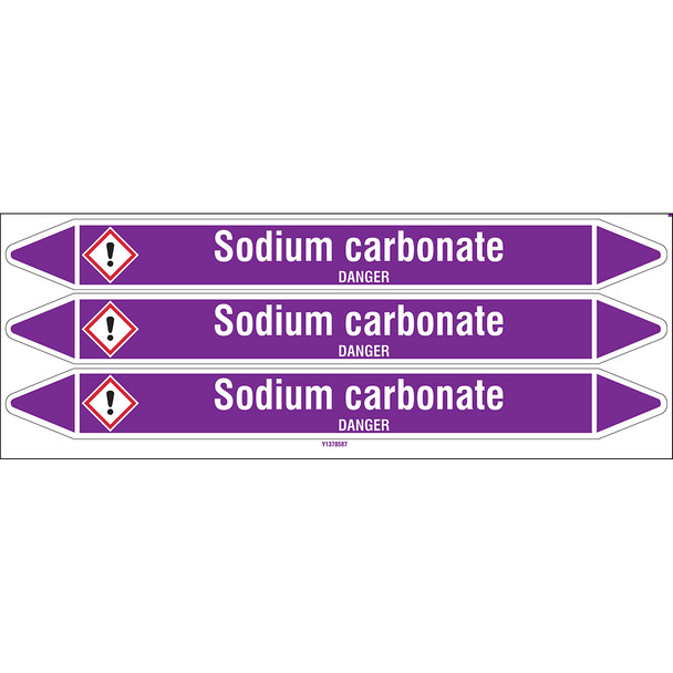 Individual Pipe Markers on a Card with die-cut arrowheads, with pictograms - Acids & Alkalis - Sodium carbonate