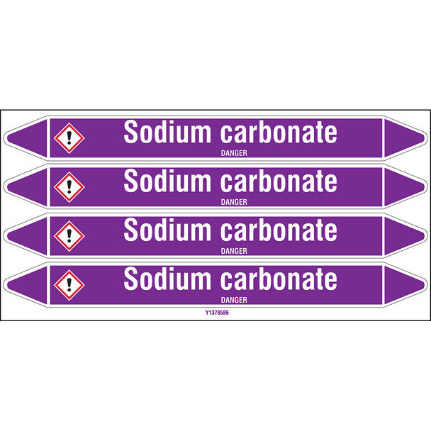 Individual Pipe Markers on a Card with die-cut arrowheads, with pictograms - Acids & Alkalis - Sodium carbonate