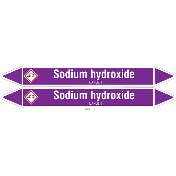 Individual Pipe Markers on a Card with die-cut arrowheads, with pictograms - Acids & Alkalis - Sodium hydroxide