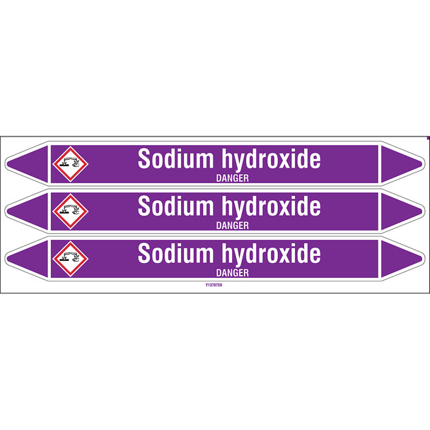 Individual Pipe Markers on a Card with die-cut arrowheads, with pictograms - Acids & Alkalis - Sodium hydroxide