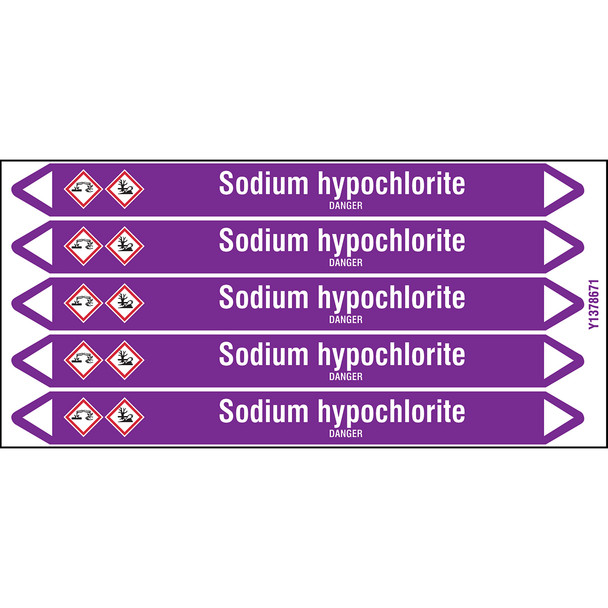 Individual Pipe Markers on a Card with die-cut arrowheads, with pictograms - Acids & Alkalis - Sodium hypochlorite