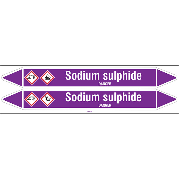 Individual Pipe Markers on a Card with die-cut arrowheads, with pictograms - Acids & Alkalis - Sodium sulphide