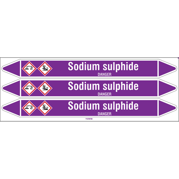 Individual Pipe Markers on a Card with die-cut arrowheads, with pictograms - Acids & Alkalis - Sodium sulphide