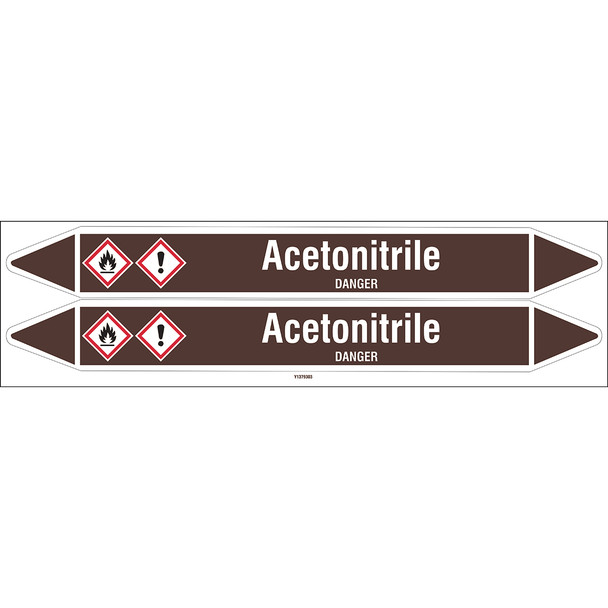 Individual Pipe Markers on a Card with die-cut arrowheads, with pictograms - Flammable/Non Flammable Liquids/Oils - Acetonitrile