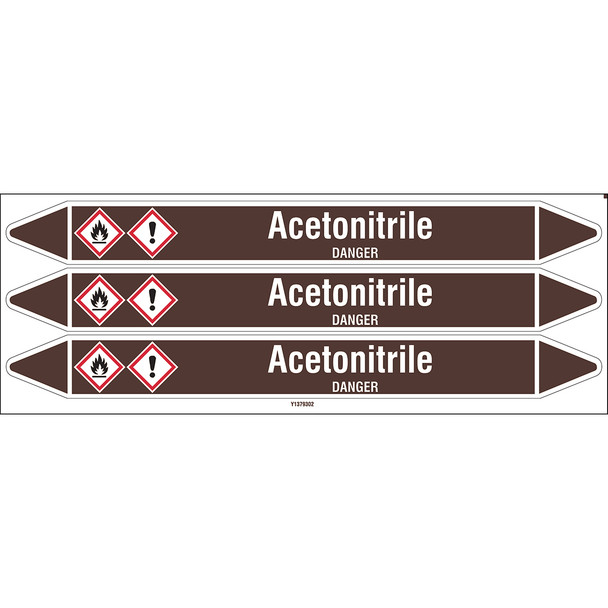 Individual Pipe Markers on a Card with die-cut arrowheads, with pictograms - Flammable/Non Flammable Liquids/Oils - Acetonitrile