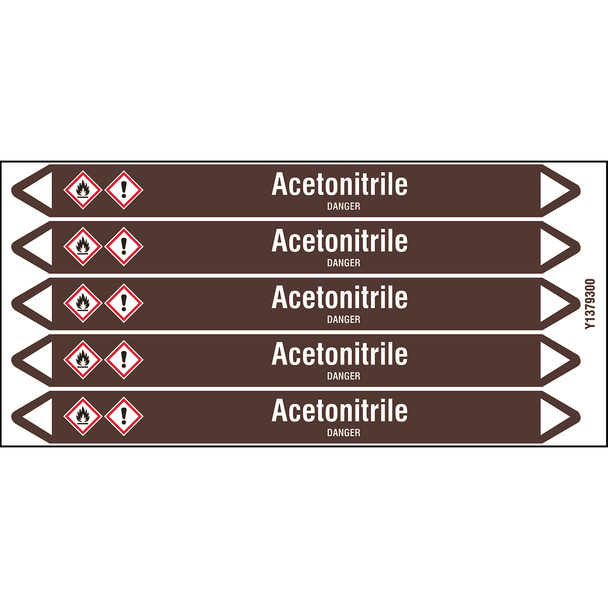 Individual Pipe Markers on a Card with die-cut arrowheads, with pictograms - Flammable/Non Flammable Liquids/Oils - Acetonitrile