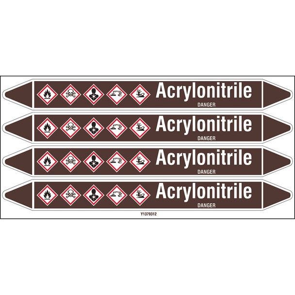 Individual Pipe Markers on a Card with die-cut arrowheads, with pictograms - Flammable/Non Flammable Liquids/Oils - Acrylonitrile