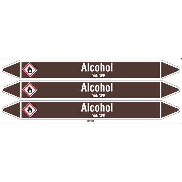 Individual Pipe Markers on a Card with die-cut arrowheads, with pictograms - Flammable/Non Flammable Liquids/Oils - Alcohol