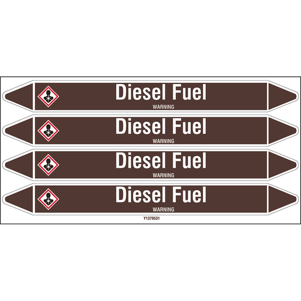 Individual Pipe Markers on a Card with die-cut arrowheads, with pictograms - Flammable/Non Flammable Liquids/Oils - Diesel Fuel
