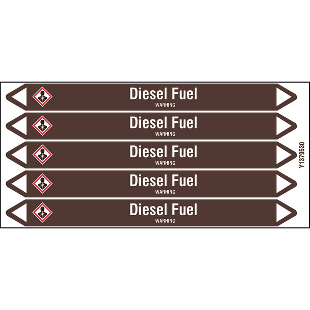 Individual Pipe Markers on a Card with die-cut arrowheads, with pictograms - Flammable/Non Flammable Liquids/Oils - Diesel Fuel