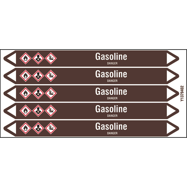 Individual Pipe Markers on a Card with die-cut arrowheads, with pictograms - Flammable/Non Flammable Liquids/Oils - Gasoline