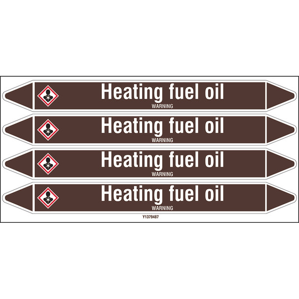 Individual Pipe Markers on a Card with die-cut arrowheads, with pictograms - Flammable/Non Flammable Liquids/Oils - Heating fuel oil