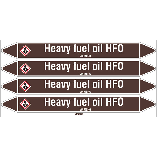 Individual Pipe Markers on a Card with die-cut arrowheads, with pictograms - Flammable/Non Flammable Liquids/Oils - Heavy fuel oil HFO