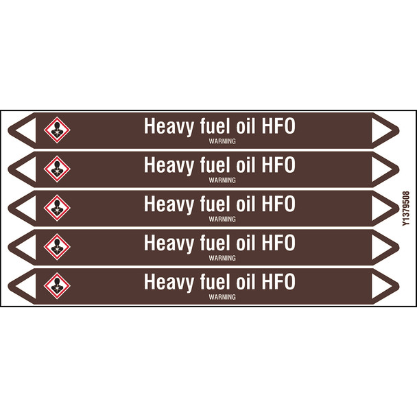 Individual Pipe Markers on a Card with die-cut arrowheads, with pictograms - Flammable/Non Flammable Liquids/Oils - Heavy fuel oil HFO