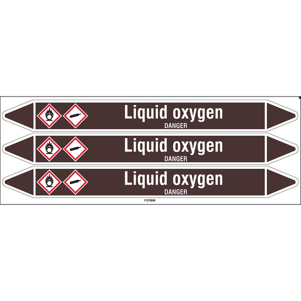 Individual Pipe Markers on a Card with die-cut arrowheads, with pictograms - Flammable/Non Flammable Liquids/Oils - Liquid oxygen
