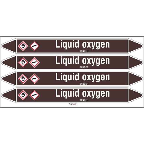 Individual Pipe Markers on a Card with die-cut arrowheads, with pictograms - Flammable/Non Flammable Liquids/Oils - Liquid oxygen