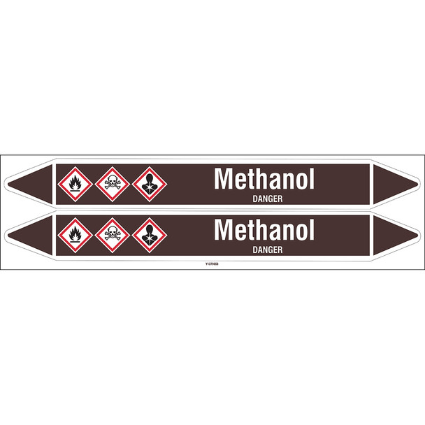 Individual Pipe Markers on a Card with die-cut arrowheads, with pictograms - Flammable/Non Flammable Liquids/Oils - Methanol