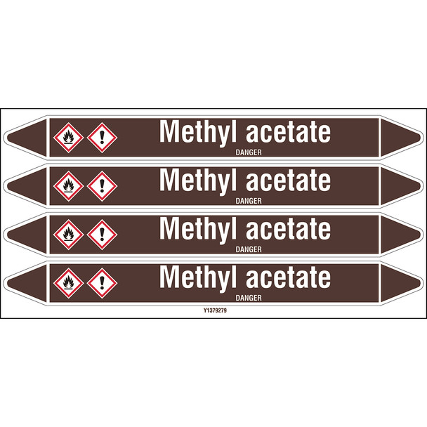 Individual Pipe Markers on a Card with die-cut arrowheads, with pictograms - Flammable/Non Flammable Liquids/Oils - Methyl acetate