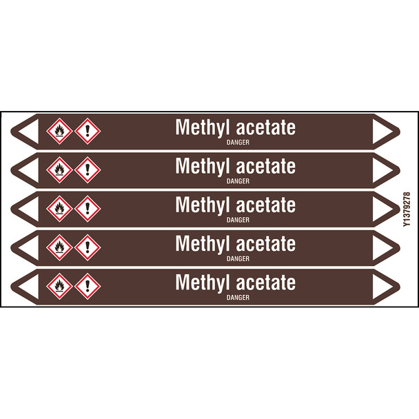 Individual Pipe Markers on a Card with die-cut arrowheads, with pictograms - Flammable/Non Flammable Liquids/Oils - Methyl acetate